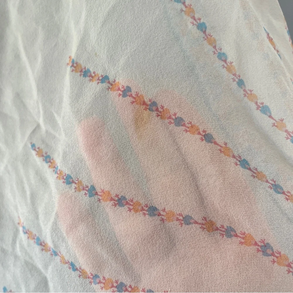 Vintage Square Silk Feel Scarf Sheer Blue Orange Floral Print Lightweight